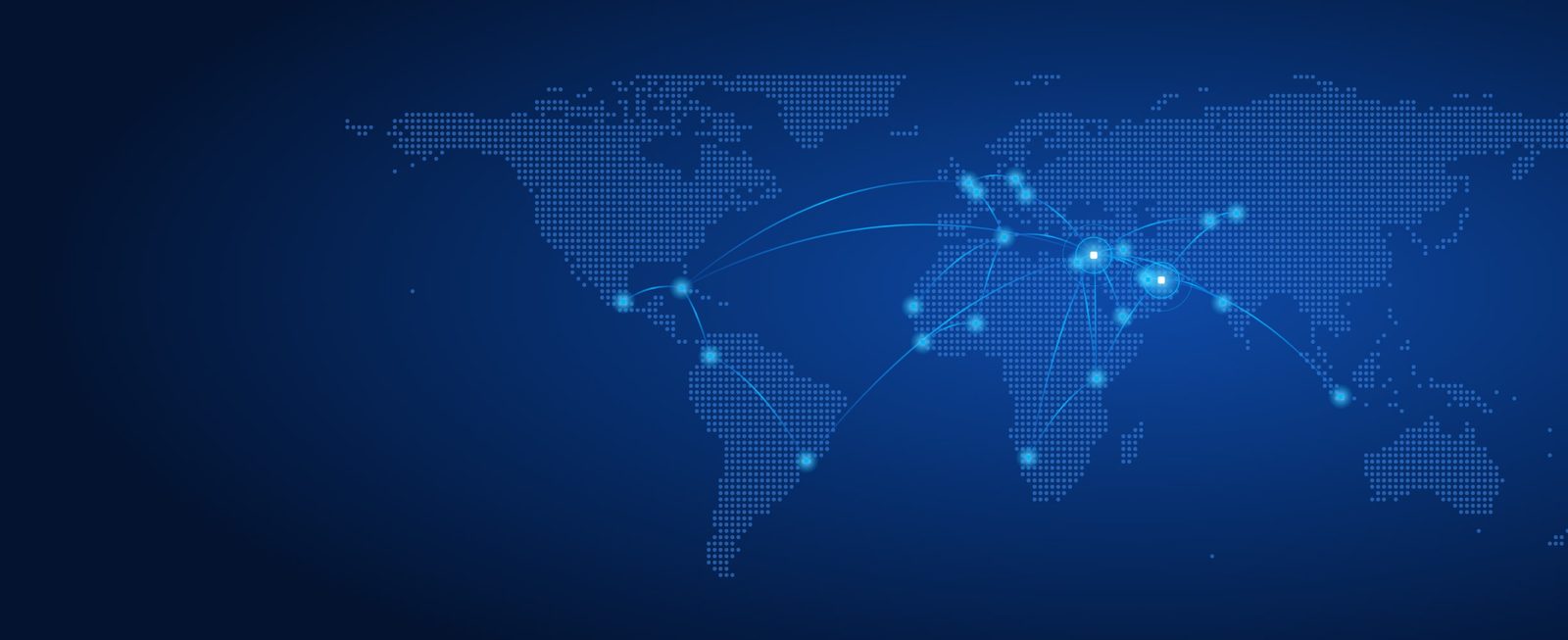 World map showing PROTEI connections from Amman and Dubai to customer regions